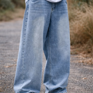 Men’s Wide-Leg Baggy Denim Jeans – Vintage Light Wash Streetwear Pants